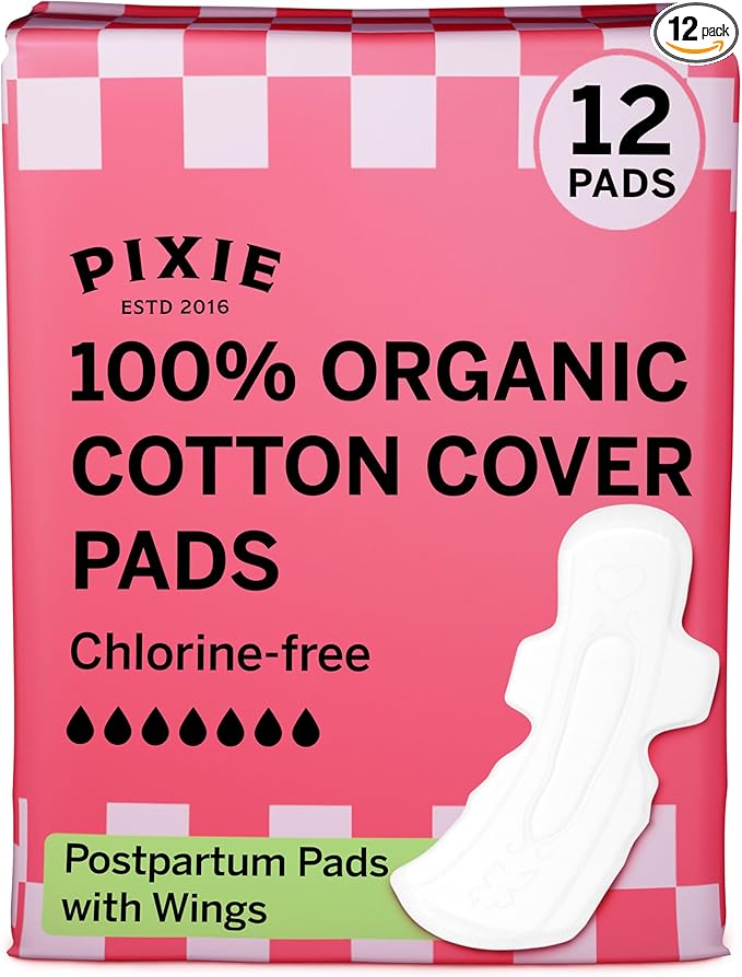 Pixie Organic Pads Ultra-Thin Extra Long Overnight Cotton Pads for Women – Maximum Absorbency with Wings – Leak-Proof, Hypoallergenic, Unscented, Postpartum – Compostable, Biodegradable – 12 Count