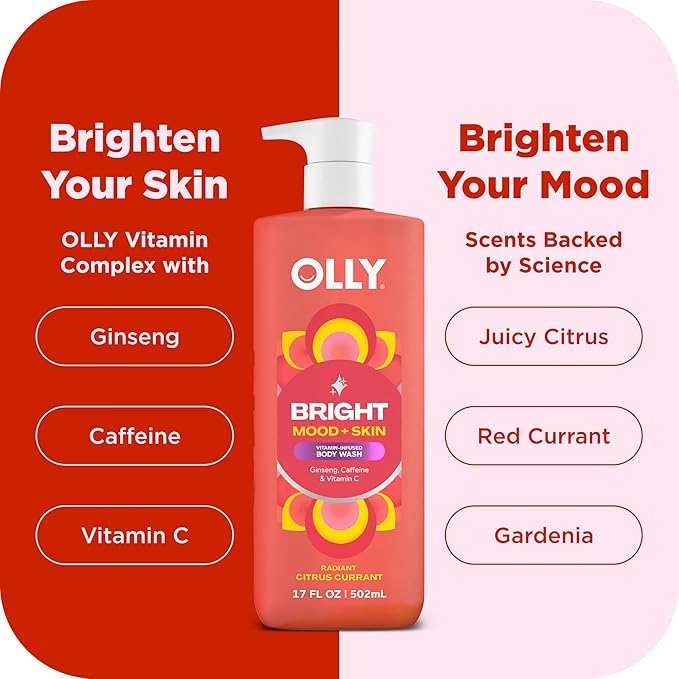 OLLY Bright Body Wash with Ginseng, Caffeine & Vitamin C– Nourishing Cleanser for Skin Barrier Repair, Deep Hydration, Juicy Citrus Currant Scent, 17 oz