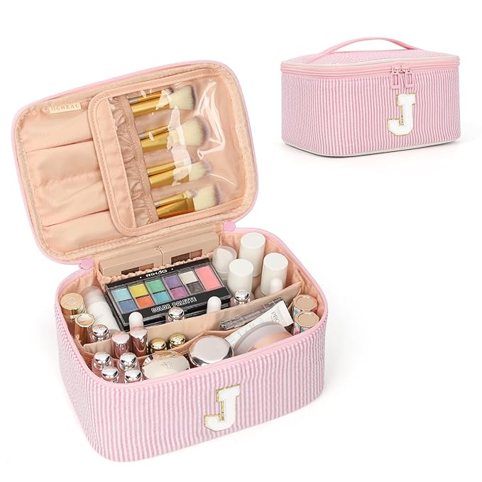 OCHEAL Makeup Bag for Women, Monogram Cosmetic Bag with Brush Holder, Pink Travel Makeup Case Beauty Toiletry Bag Organizer Personalized Gifts for Girls Bridesmaid, Sister, Wife, Friends Initial J