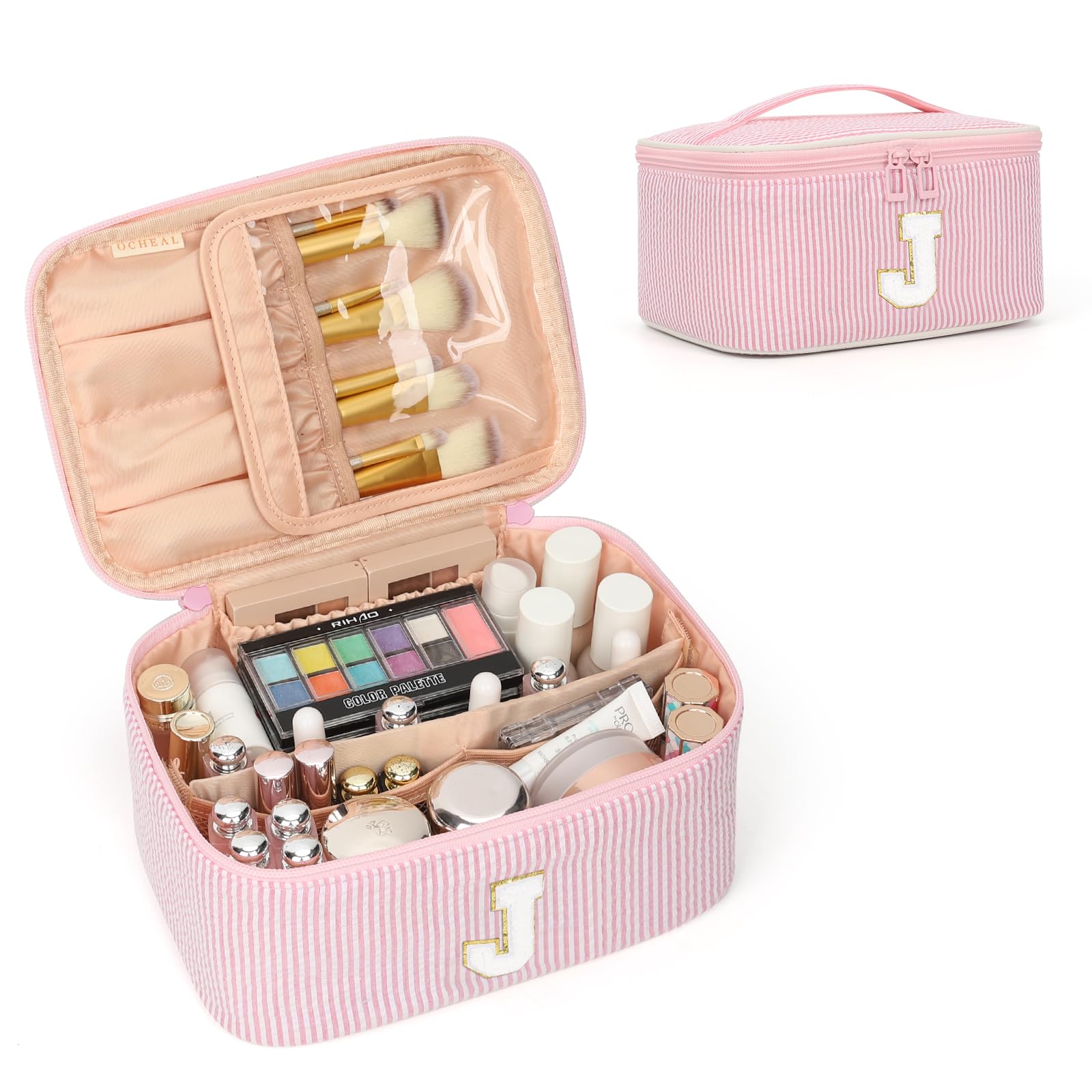 OCHEAL Makeup Bag for Women, Monogram Cosmetic Bag Pink Travel Makeup Case Beauty Toiletry Bag Organizer Personalized Gifts for Girls Bridesmaid, Sister, Wife, Friends Initial J