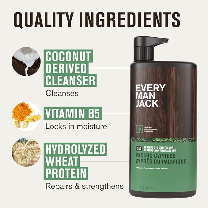 Every Man Jack Men's Shampoo & Conditioner 2-in-1, Pacific Cypress, 24 oz