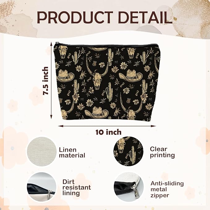 SAFDSGFDB Boho Western Makeup Bag, Rustic Country Western Cow Skull Cactus Cosmetic Bags Gifts for Women, Southwestern Cowgirl Portable Travel Toiletry Bag Zipper Makeup Pouch