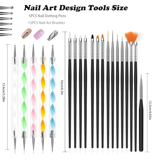 Whmeolyo 20Pcs Nail Art Brushes Tool Set, Nail Art Double-End Tools, Nail Liner Brushes, Silicone Pen Dotting Pen Tools Nail Art Kit for Home Nail Art DIY Salon Use-Black