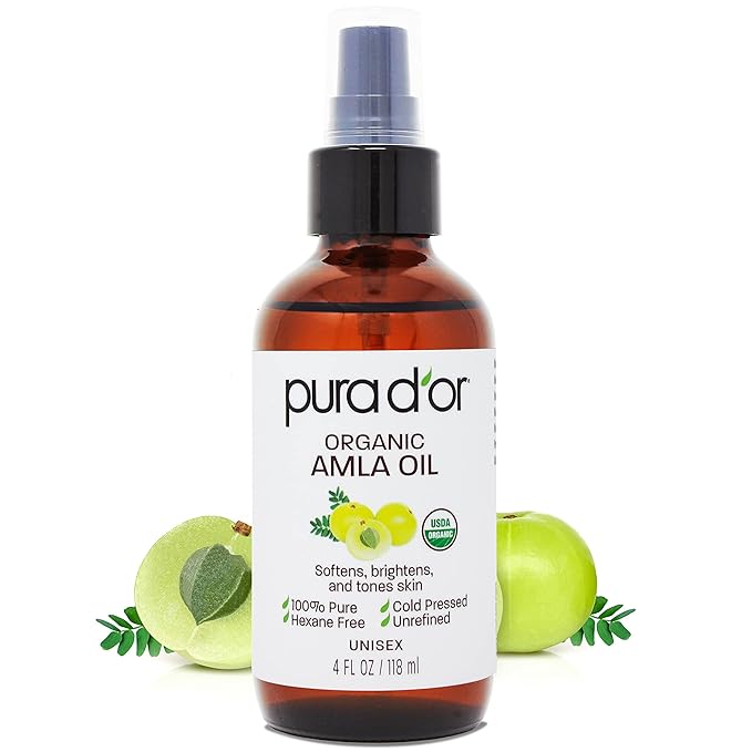 PURA D'OR 4 Oz ORGANIC Amla Oil, 100% Pure USDA Certified Premium Grade, Cold Pressed, Unrefined, Extra Virgin, Hair Serum & Thickening Hair Product w/Pump for Women & Men, Ayurvedic Skin Care