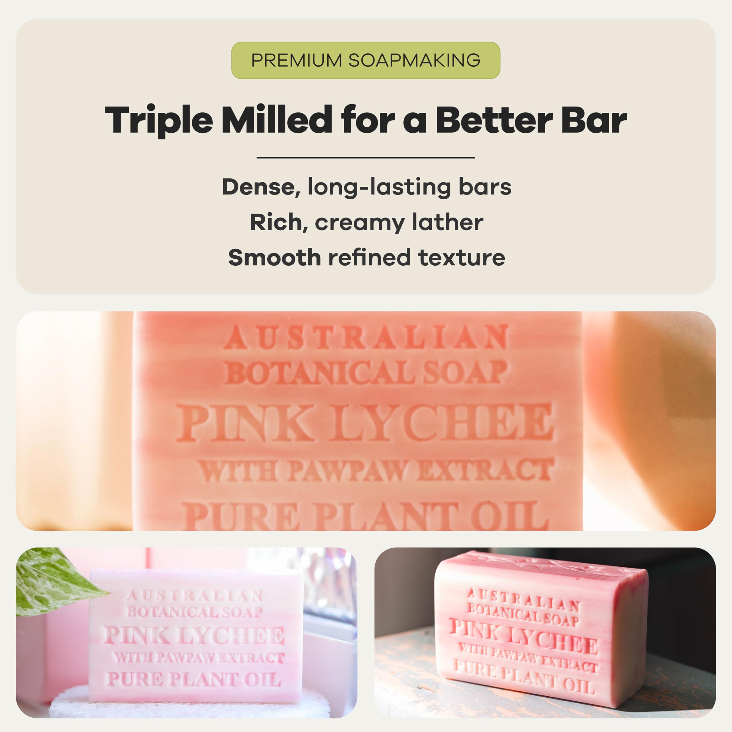 Australian Botanical Soap, 6.6 OZ, Pink Lychee and Pawpaw Extract, Triple Milled Bars made with a Natural Soap Base and Enriched with Organic Shea Butter, Pack of 8