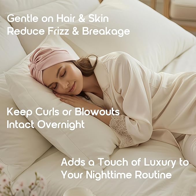 SYSERAN 100% Mulberry Silk Bonnet for Sleeping - Women Natural Curly Hair Night Cap Luxury Sleep Head Wrap with Elastic Band(Lotus Pink)