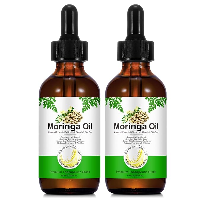 2Pack Moringa Oil 2.02 fl.oz, Pure Natural Organic Cold-Pressed Glass Bottle for Hair Growth, Face, Skin & Body Care, Anti-Aging, Nourish Hair, Scalp & Body Massage