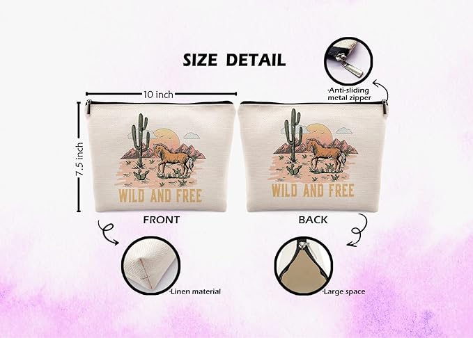 Dwept Wild and Free Cowgirl Cosmetic Bag, Wild West Retro Western Horse Cactus Desert Makeup Bag Zipper Cosmetic Pouch Bag Travel Linen Makeup Organizer, Cowgirl Gifts for Women Girls Teen Girls Her