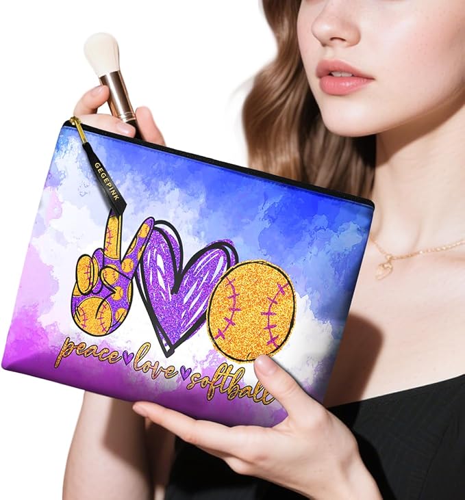 GEGEPINK Cute Makeup Bag for Purse Waterproof Cosmetic Bags for Women Funny Smooth Zipper Travel Toiletry Pouch 10X8 Inches-Peace Love Softball Makeup pouch
