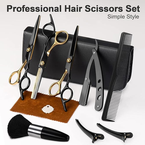 11-Piece Hair Cutting Scissors Kit, Straight & Thinning Shears, Black Gold