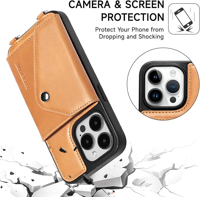 LUCKYCOIN Crossbody Phone Case for iPhone 15 Pro,100% Genuine Leather Phone Wallet Case for Women, Premium Hands-Free Phone Purse with Expandable Flip Card Holder & Adjustable Strap - Retro Tan
