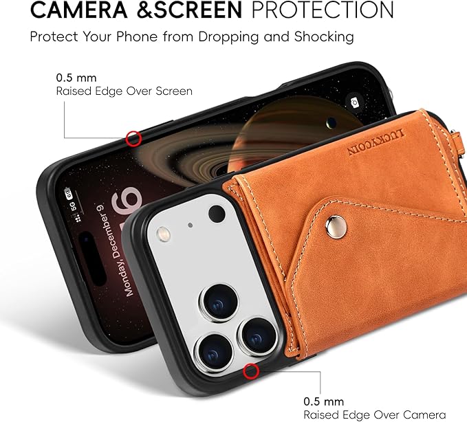 LUCKYCOIN Crossbody Phone Case for iPhone 17 Pro,100% Genuine Leather Phone Wallet Case for Women, Premium Hands-Free Phone Purse with Expandable Flip Card Holder & Adjustable Strap - Retro Brown