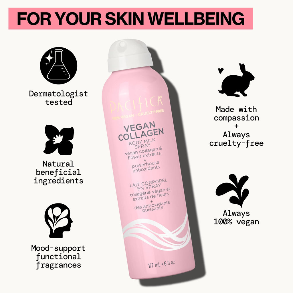 Pacifica Spray Lotion for Body - Vegan Collagen Body Milk Spray – Hydrating Moisturizer Mist Fast-Absorbing Instantly Hydrates & Softens Skin Jasmine & Vanilla Natural Scent Clean Beauty Non-Aerosol