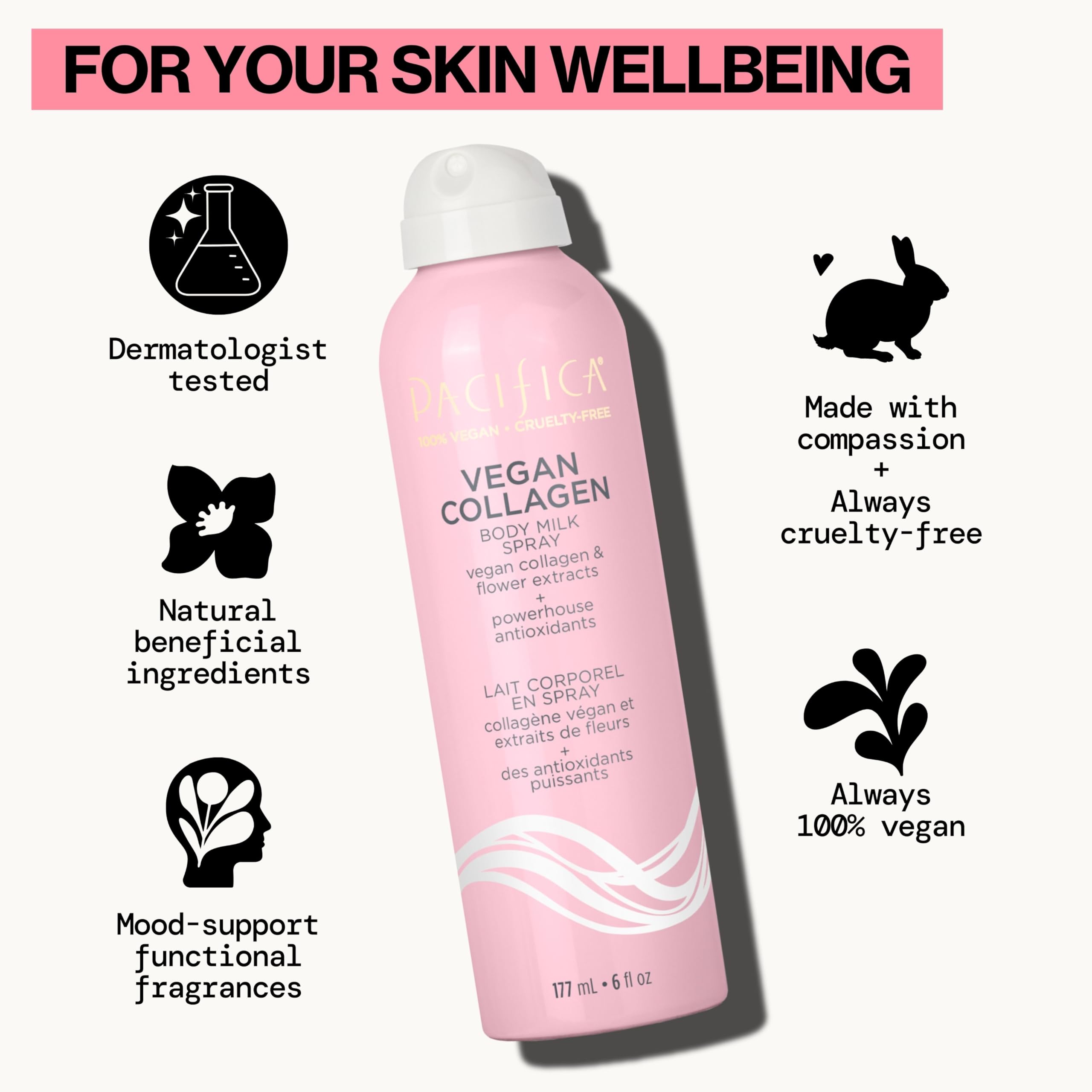 Pacifica Spray Lotion for Body - Vegan Collagen Body Milk Spray – Hydrating Moisturizer Mist Fast-Absorbing Instantly Hydrates & Softens Skin Jasmine & Vanilla Natural Scent Clean Beauty Non-Aerosol