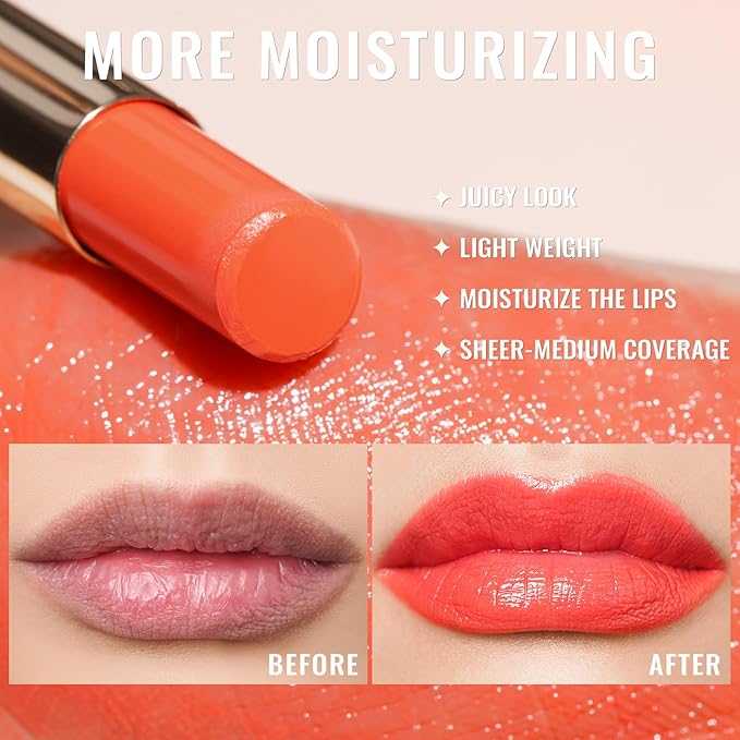 Oulac Moisturizing Orange Red Lipstick for Women, Glass Shine Lip Stick Tinted Lip Balm, Hydrating Lip Gloss for Dry Lips,Shine Juicy Finish Vegan Lipsticks 2.2g/0.07oz G12