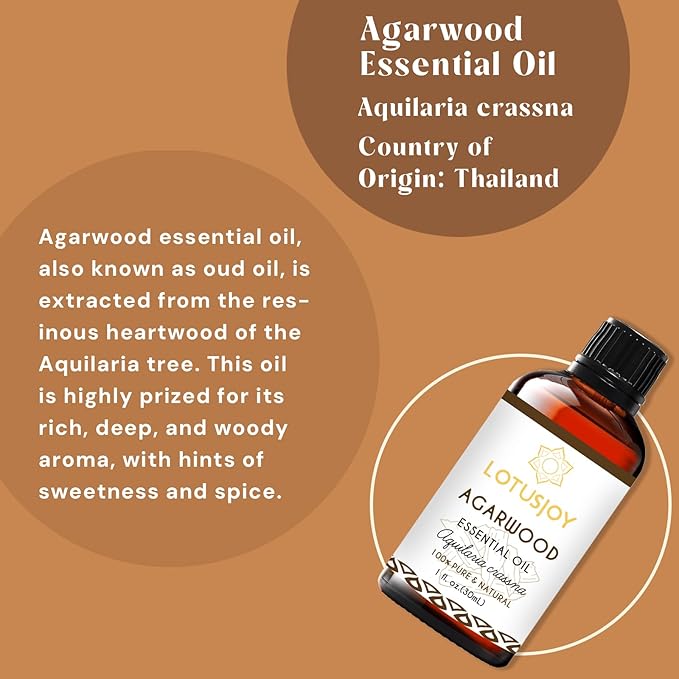 LOTUSJOY Agarwood Essential Oil, Pure Natural Organic Oud Essential Oil for Diffuser Meditation and DIY Cosmetic Making- 1 Oz