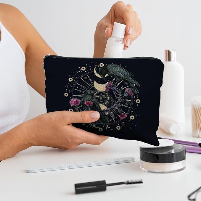 RYYCDOI Goth Raven Makeup Bag, Celestial Sun and Moon Phase Witchy Makeup Bag for Women, Witch Stuff, Halloween Black Crow Floral Cosmetic Bag Toiletry Bag for Women, Black