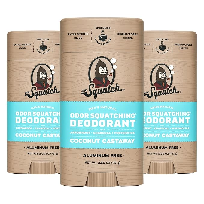 Dr. Squatch Natural Men’s Deodorant – Aluminum Free Natural Deodorant Men with Charcoal & Postbiotics for 72-Hour Odor Protection – Coconut Castaway, 2.65oz Stick (3-Pack)