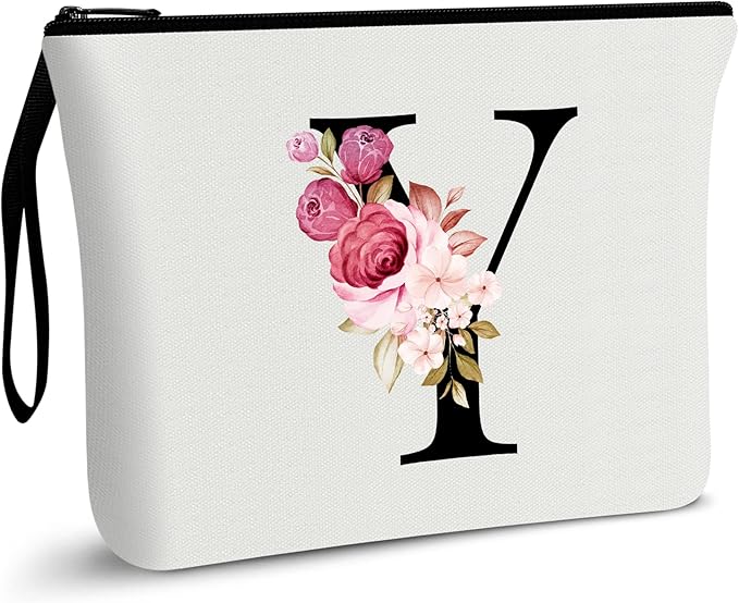 Vavabox A-Z Personalized Makeup Bag, Birthday Gifts for Women Mom, Gifts for Best Friend, Bride Bridesmaid Cosmetic bag (Y, 01-White)