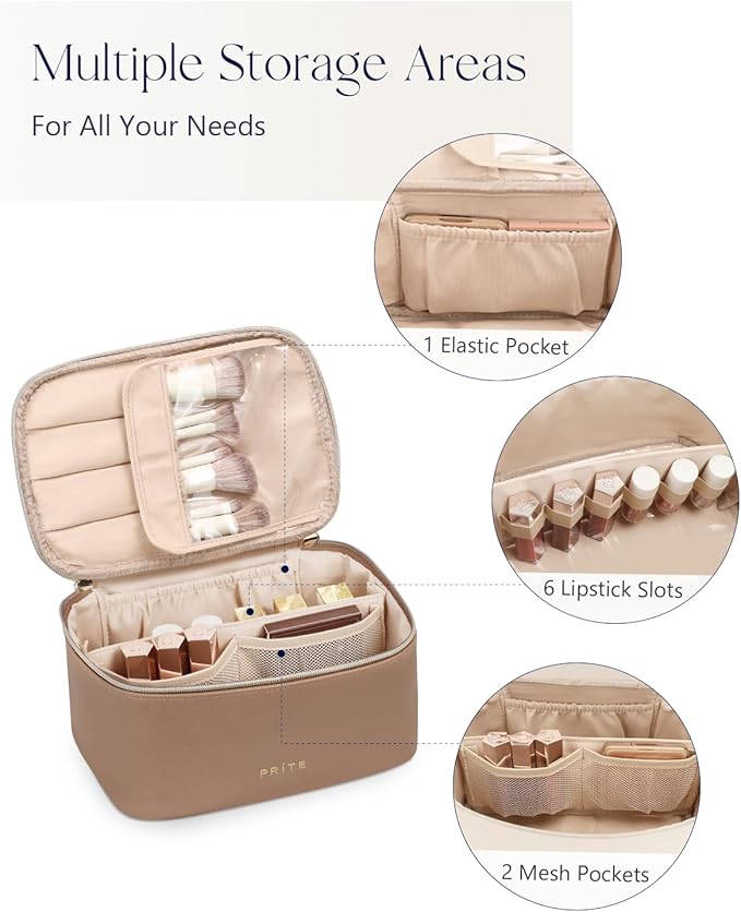 Prite Makeup Bag Travel Cosmetic Case, Women Toiletry bag Organizer, Brown