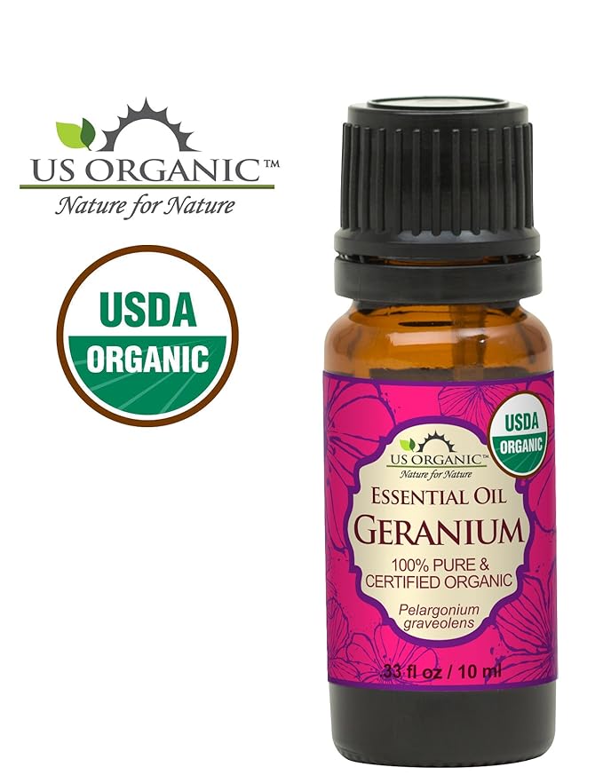 US Organic 100% Pure Geranium Essential Oil - USDA Certified Organic, Steam Distilled - W/Euro droppers (More Size Variations Available) (10 ml /.33 fl oz)