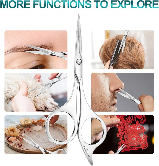Lobodt Professional beard scissors, 4.9-inch (silver) small pointed stainless steel hairdressing scissors, Moustache Trimming，suitable for personal care and beauty of both men and women