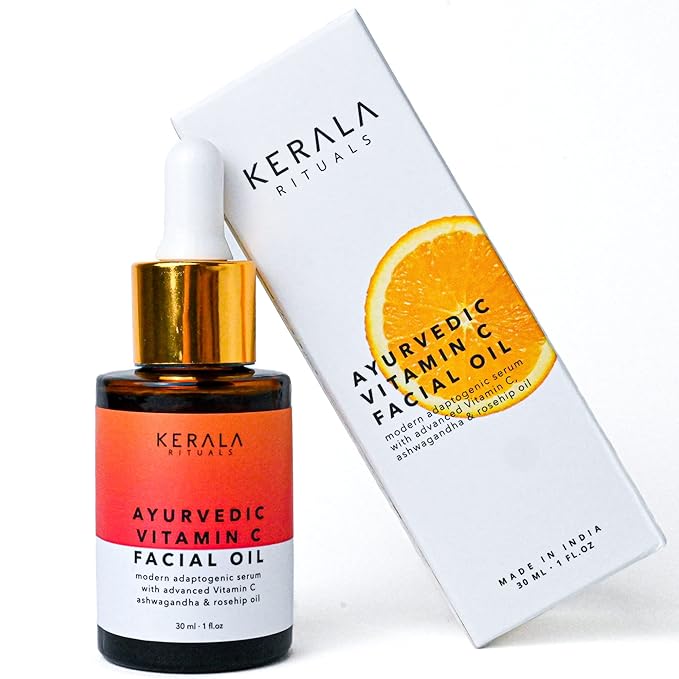Kerala Botanics Ayurvedic Vitamin C Face Oil – Brightening Face Serum with Bakuchiol, Rosehip Oil & Squalane for Dark Spots, Fine Lines & Dull Skin – Non-Greasy Glow Oil for All Skin Types, 1 Fl Oz