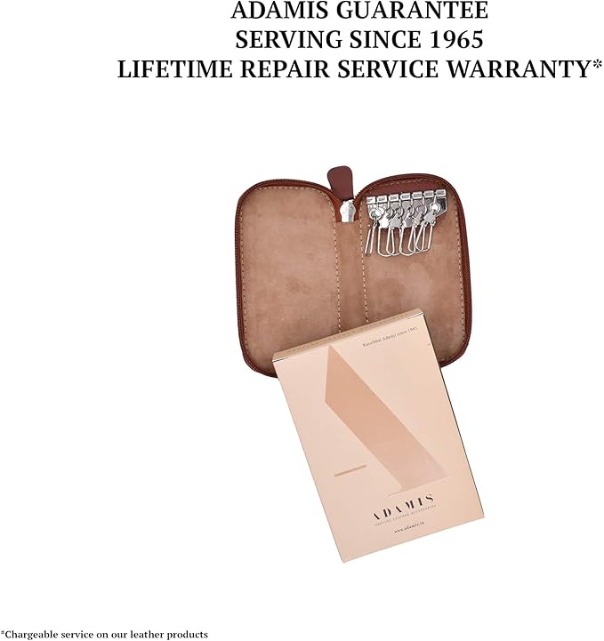 Adamis Full Grain Genuine Leather Keychain Holder Pouch, Key Case, Soft Strong and Compact Organizer and Wallet with Zip Closure for Extra Safety and 6 Key Holder Hooks in Tan
