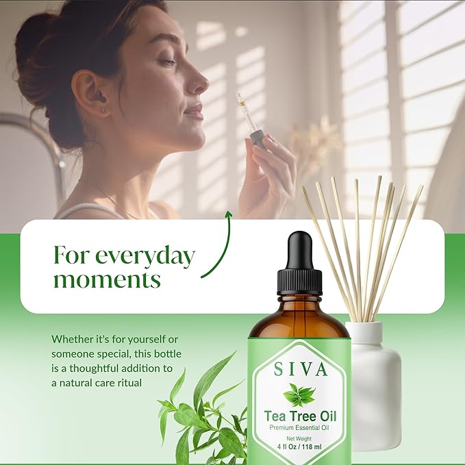 Siva Tea Tree Essential Oil 4 Fl Oz – for Diffuser, Skin & Hair Care – Ideal for Aroma, Massage & DIY Blends- with Dropper