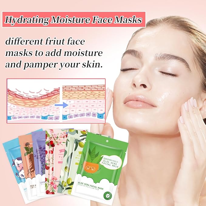 GUOYAOLIFU 24 Pack Sheet Face Masks Skincare for Women,Hydrating Face Masks Suitable for Dry Sensitive Skin,Bulk Facial Mask Gifts Set for Skin Care,Home Skincare Spa for All Skin Types