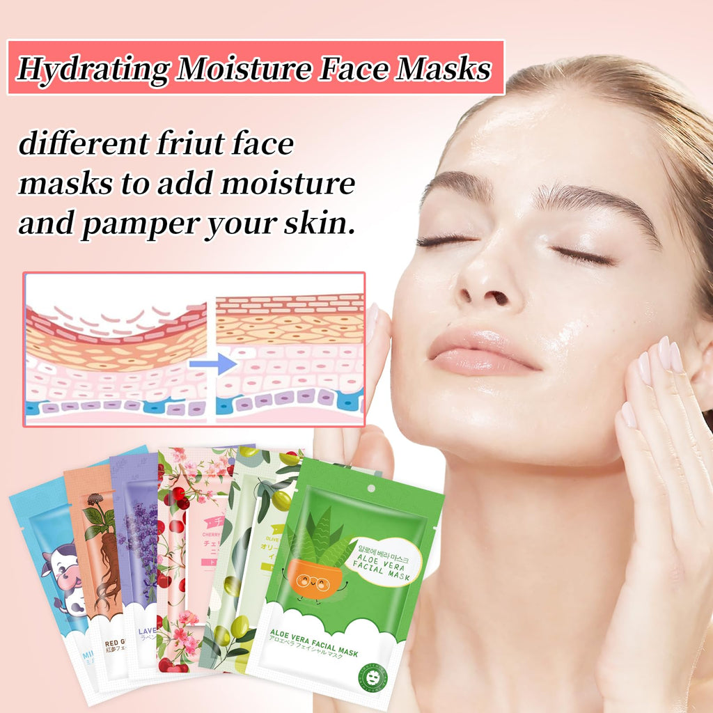 GUOYAOLIFU 24 Pack Sheet Face Masks Skincare for Women,Hydrating Face Masks Suitable for Dry Sensitive Skin,Bulk Facial Mask Gifts Set for Skin Care,Home Skincare Spa for All Skin Types