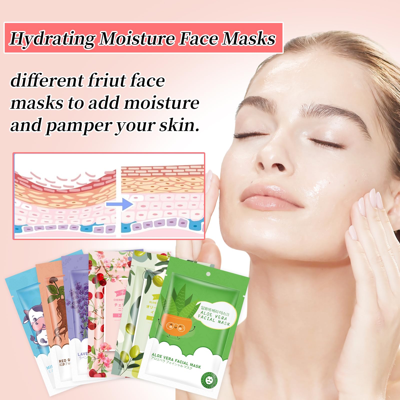 GUOYAOLIFU 24 Pack Sheet Face Masks Skincare for Women,Hydrating Face Masks Suitable for Dry Sensitive Skin,Bulk Facial Mask Gifts Set for Skin Care,Home Skincare Spa for All Skin Types