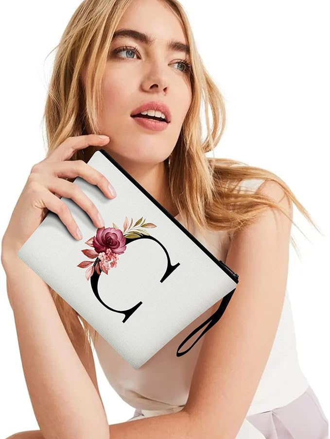 Vavabox A-Z Personalized Makeup Bag, Birthday Gifts for Women Mom, Gifts for Best Friend, Bride Bridesmaid Cosmetic bag (C, White)