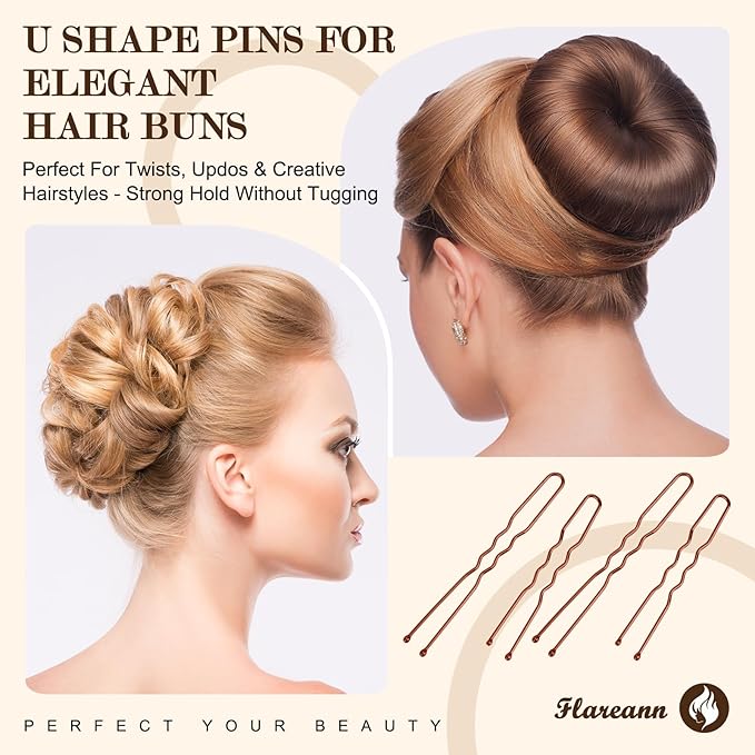 FLAREANN Brown Bobby Pins Set with U Shape Pins, Spiral Pin & Snap Clips