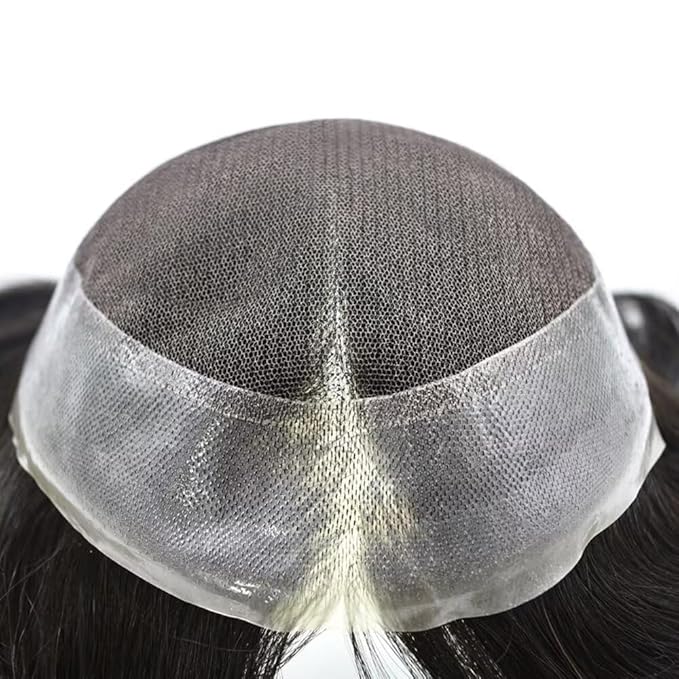 FACE MIRACLE Toupee for Men French Lace Hairpiece Human Hair Replacement System Skin PU Mens Toupee V-Looped Front Hair Piece 6X9#1B10 1B# OFF BLACK WITH 10% SYNTHETIC GREY-80% Light Density