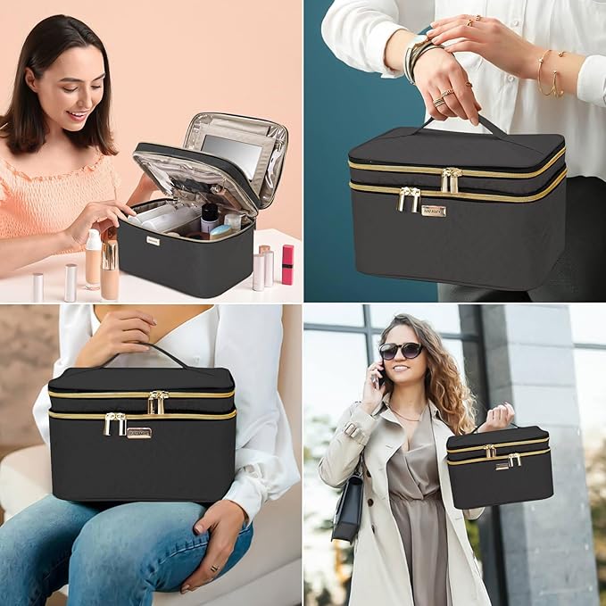 BAFAMYE 8.8L Double Layer Travel Makeup Bag With Mirror For Women, Large Cosmetic Case, Organizer for Travel-Size Accessories Bottles, Brushes,and Skin Care Products, 2.33 GAL, Black