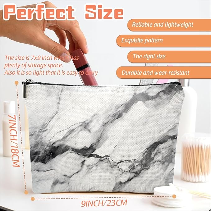 Scribesense Makeup Bag Travel Cosmetic Bags Small Makeup Case Waterproof Zipper Pouch for Women Girls 7X9inches - Bold Black - Veined White Marble