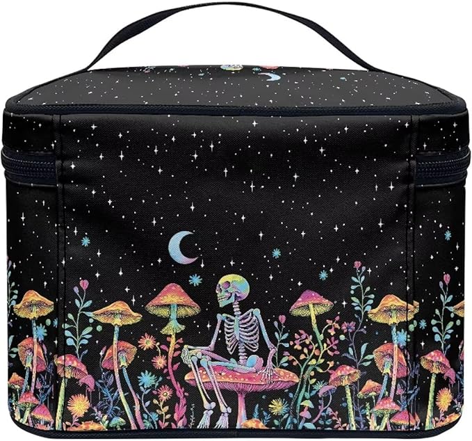 Drydeepin Colorful Mushroom Skull Floral Pattern Travel Makeup Bag for Women Large Capacity Cosmetic Bag with Zipper and Handle Portable Toiletry Bag Make Up Organizers