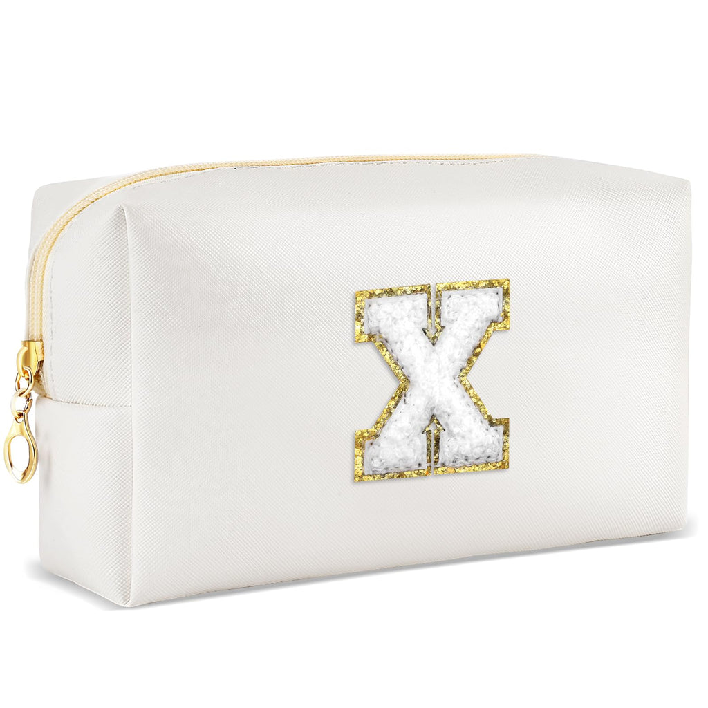 URSKYTOUS Gifts for Girls Initial Makeup Bag Personalized Cosmetic Bag with Zipper Cute Travel Toiletry Bags Waterproof PU Preppy Makeup Pouch Birthday Gift for Teen Girls Women(White X)