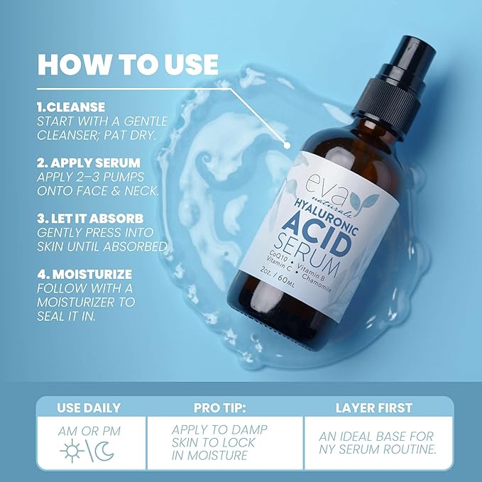 Eva Naturals Hyaluronic Acid Serum for Face – Lightweight Hydrating Facial Serum – Daily Moisturizer with Vitamin B5 – 60 ml