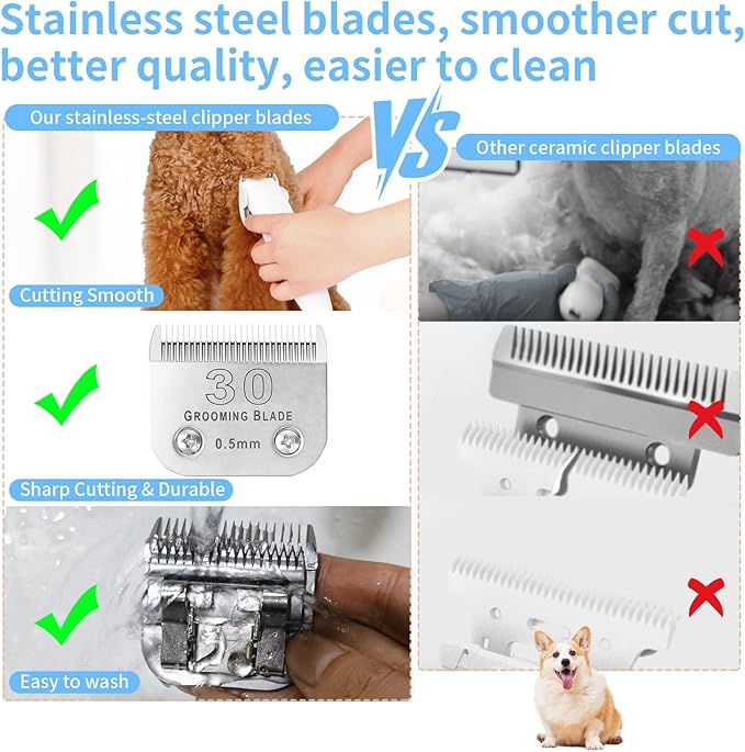 MEMIRY 3 Pcs Size 30# Detachable Dog Grooming Blades, Compatible with Andis, Oster A5, Wahl KM10 Series Clippers, Cut Length 0.5mm, Silver (30# 0.5mm, 3 Packs)