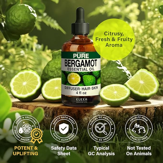 100% Pure Bergamot Oil - 4 Fl Oz Bergamot Essential Oil for Hair, Skin, Diffuser, Aromatherapy & DIY Soap Making Scent