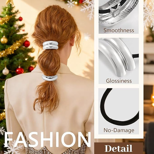3PCS Silver Hair Ties, Metal Hair Ties for Thick Hair, Elegant Durable Geometric Design, Silver Hair Accessories Stretchy and Non-Damage Ponytail Holders, 3 Styles in Box Gifts Holiday