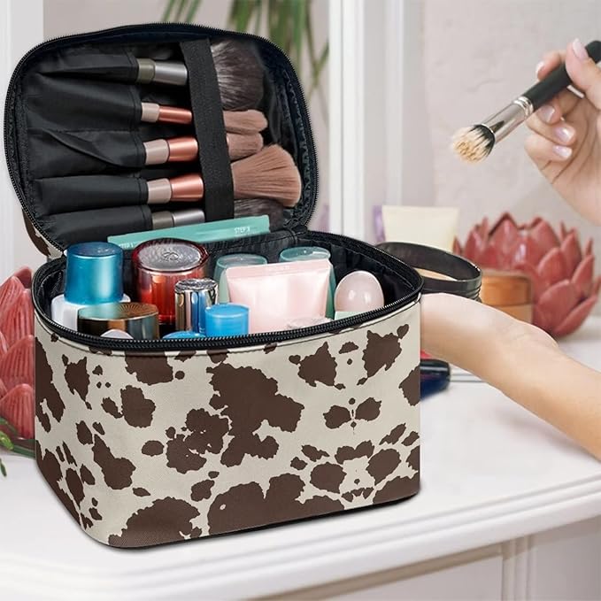 Drydeepin Cute Brown Cow Cowhide Design Travel Makeup Bags for Women and Portable Tote Cosmetic Case with Carry Handle Toiletry Accessories Storage Organizer Bags