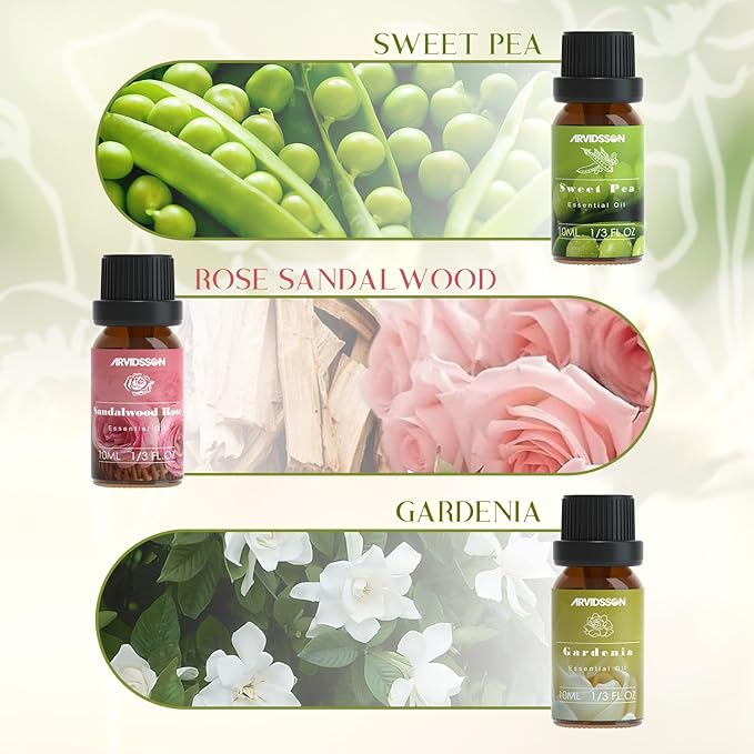 ARVIDSSON Spring Essential Oils Set, Natural Fragrance Oil for Diffuser - After Rain, Ocean Breeze, Fresh Cut Grass, Gardenia, Sweet Pea, Rose Sandalwood, Spring Scented Oil Gift Set