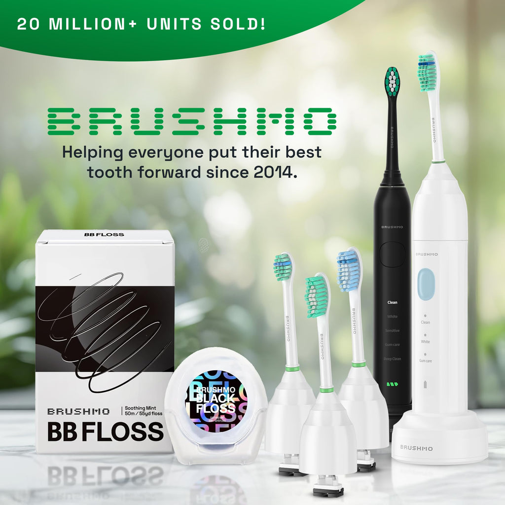 Brushmo e-Series Total Clean Replacement Toothbrush Heads, Compatible with Philips Sonicare Screw-on Electric Toothbrush Handles, 6 Standard Heads, Medium Firm Dupont Bristles, BM726-bw, White