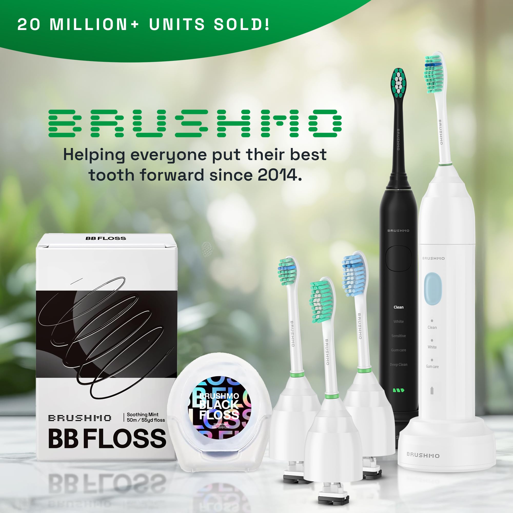 Brushmo e-Series Total Clean Replacement Toothbrush Heads, Compatible with Philips Sonicare Screw-on Electric Toothbrush Handles, 6 Standard Heads, Medium Firm Dupont Bristles, BM726-bw, White