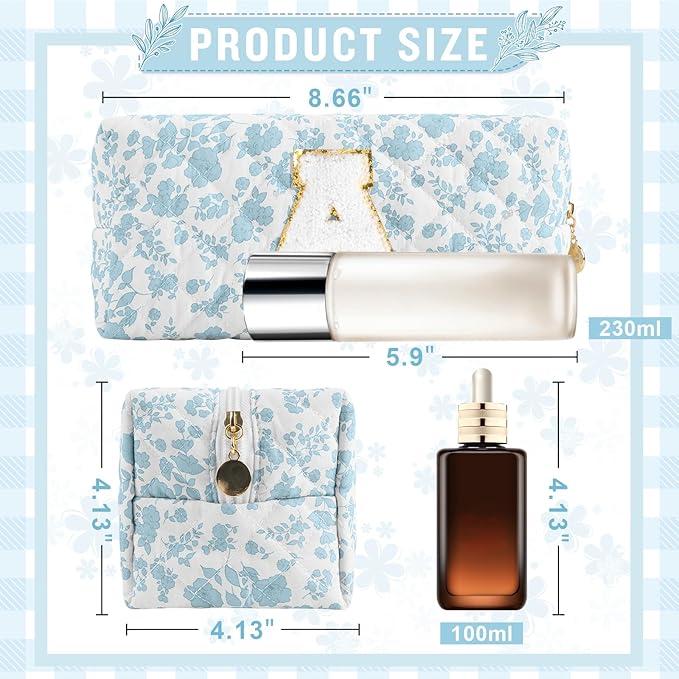 Personalized Quilted Cosmetic Bag, Puffy Monogrammed Christmas Birthday Gifts for Women & Girls, Cute initial Floral Makeup Bag Puffer Coquette Bag, Aesthetic Travel Toiletry Zipper Pouch(Blue,A)