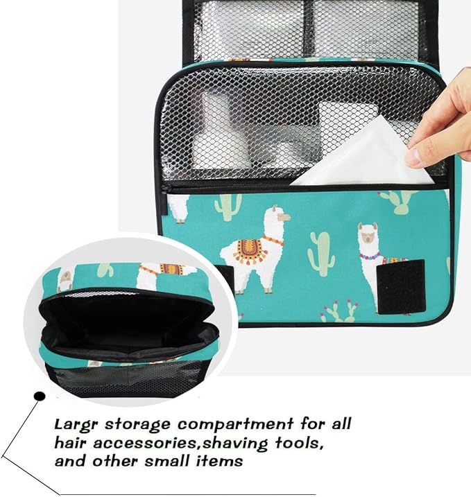 senya Hanging Travel Toiletry Bag Kit Makeup Case Cosmetics Organizer for Men Women Green Llama Alpaca And Cactus