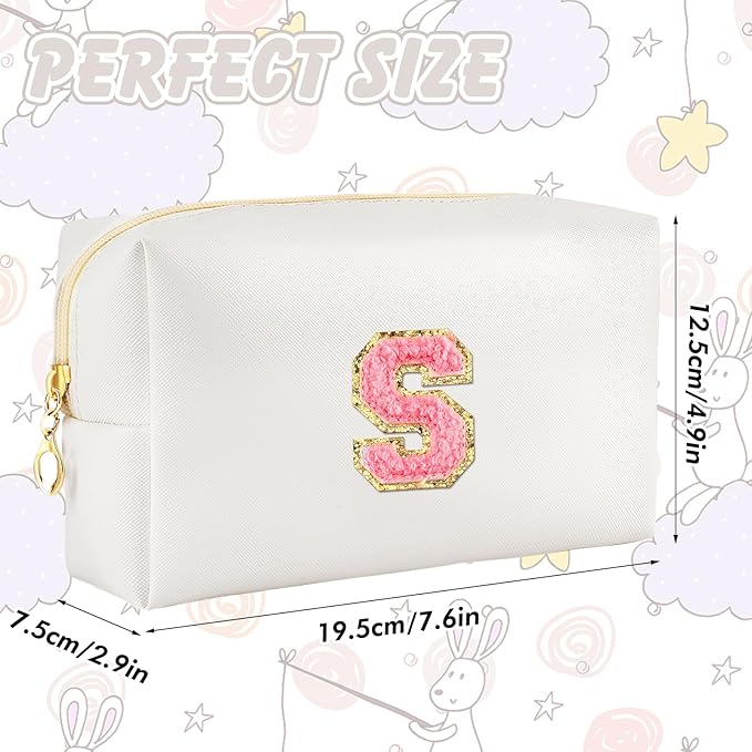 URSKYTOUS Initial Makeup Bag Personalized Preppy Travel Small Cosmetic Bag Cute PU White Chenille Letter Makeup Pouch for Purse Waterproof Zippered Toiletry Organizer for Women Girls Kids Friends (S)